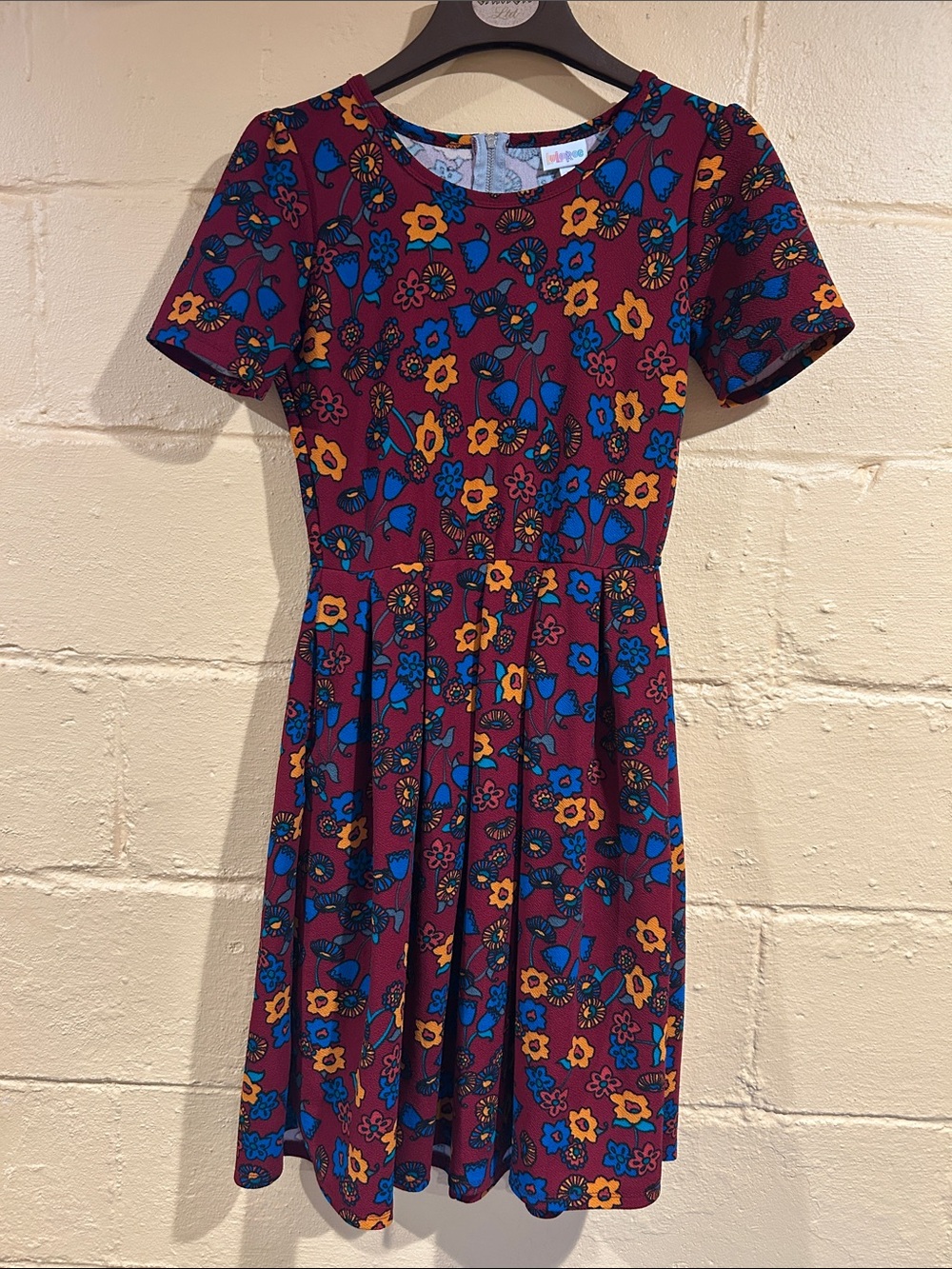 LuLaRoe Burgundy Mini Dress with Blue & Yellow Floral Print